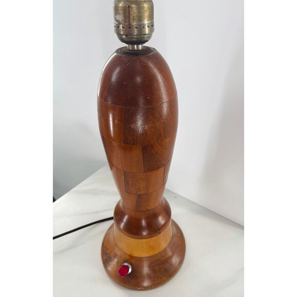 Mid-Century Wooden Patchwork Lamp with Red Switch Button - Picture 7 of 9